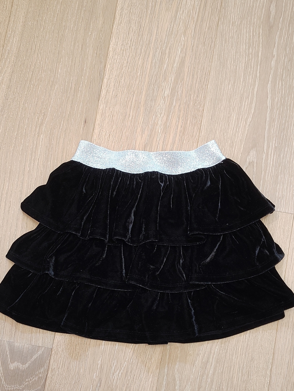 Girls Black Velvet Tiered Skirt with Sparkle Silver Waistband